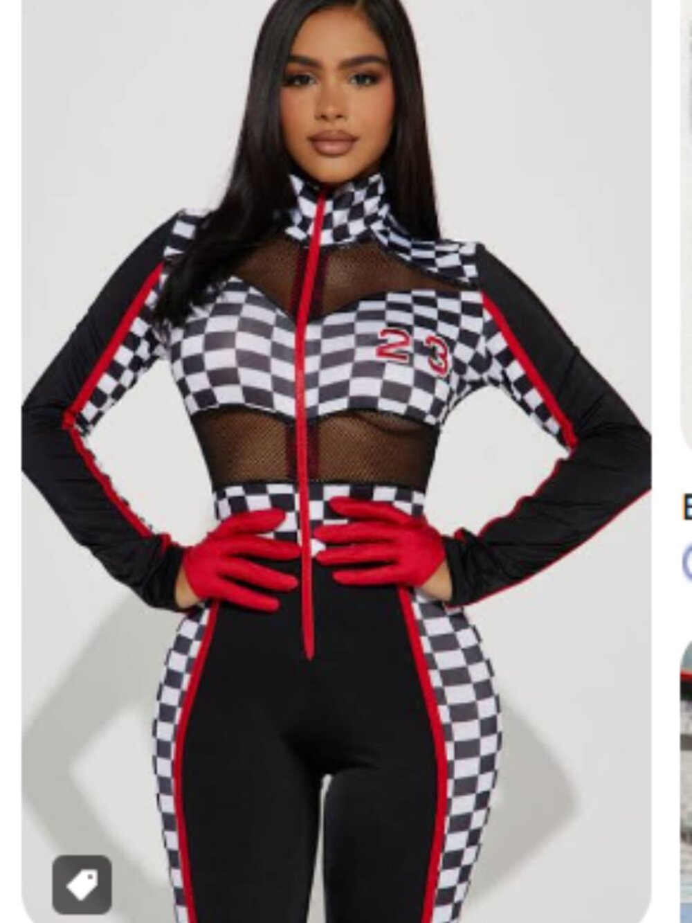 Fashion Nova Black & White Checkered Racing Jumpsuit with Red Trim